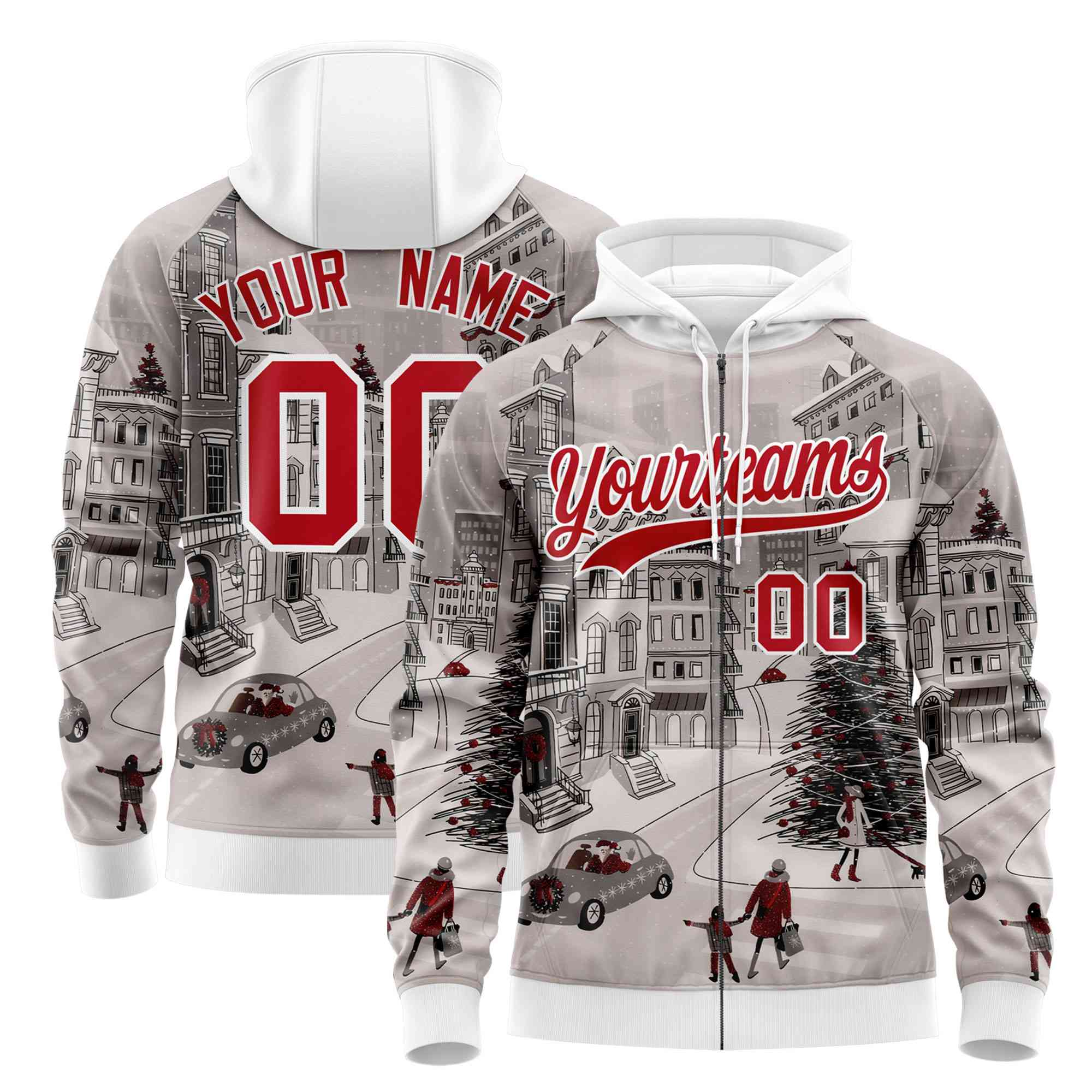 Custom White Red Christmas Graffiti Pattern Athletic Full-Zip Hoodie