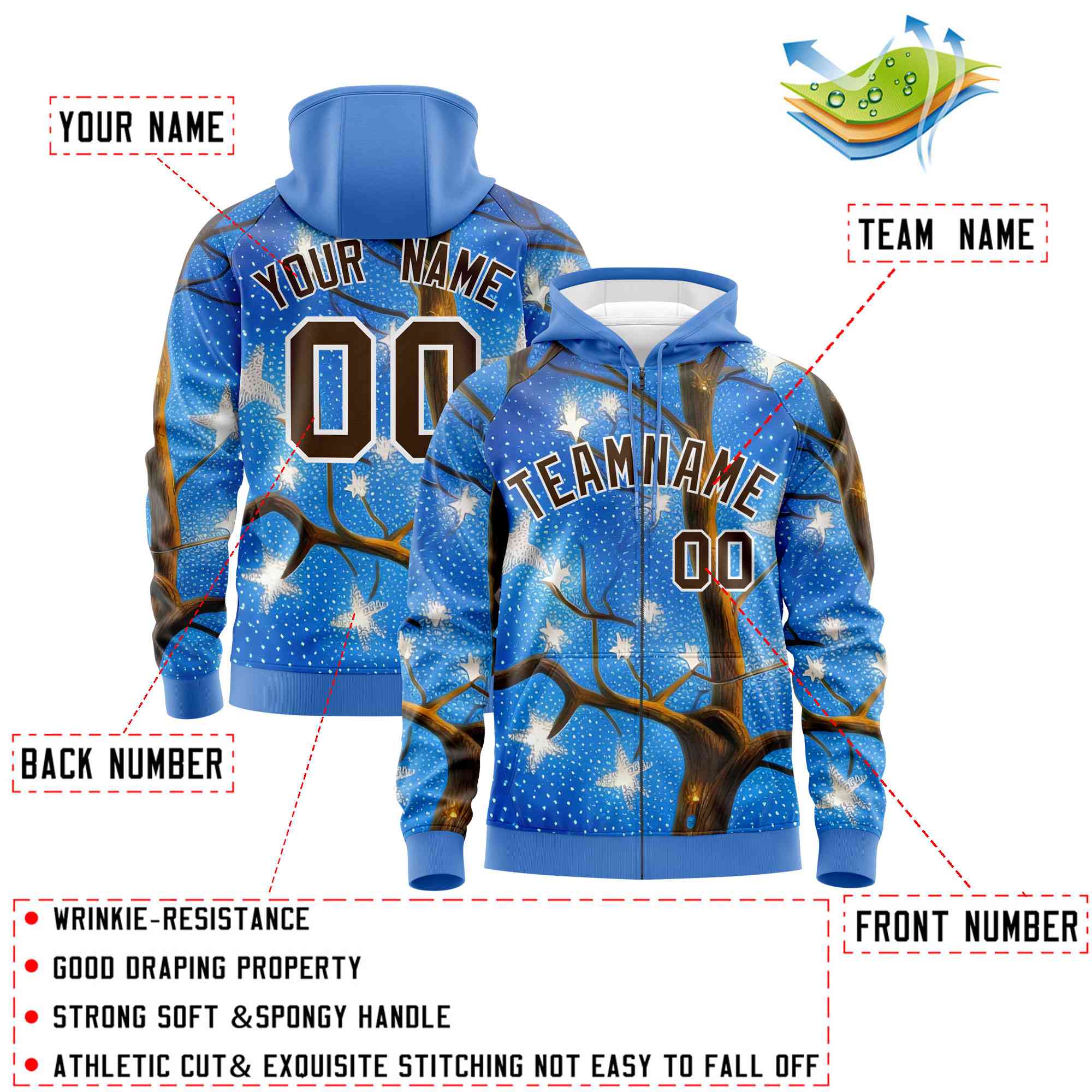 Custom Powder Blue Light Brown Christmas Graffiti Pattern Athletic Full-Zip Hoodie