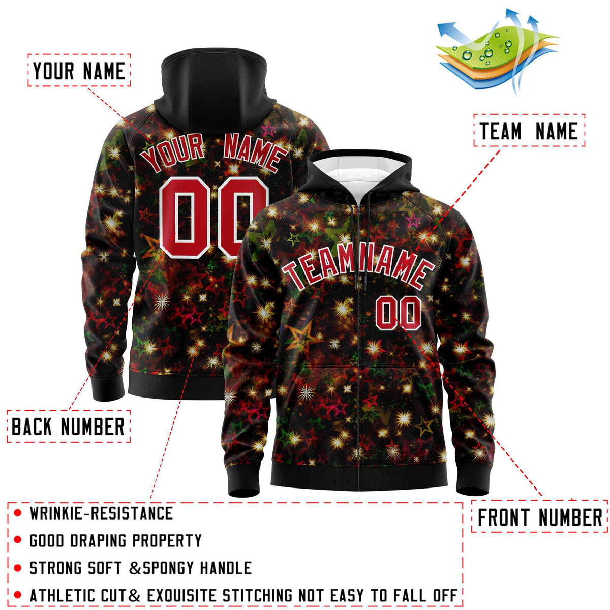Custom Black Red Christmas Graffiti Pattern Athletic Full-Zip Hoodie