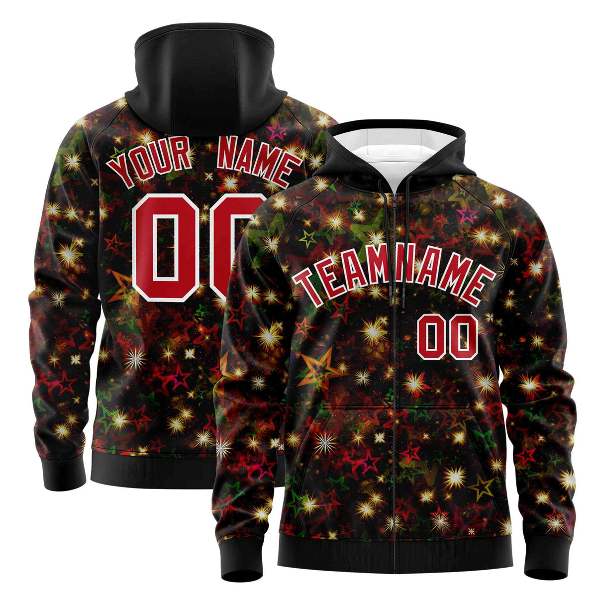 Custom Black Red Christmas Graffiti Pattern Athletic Full-Zip Hoodie