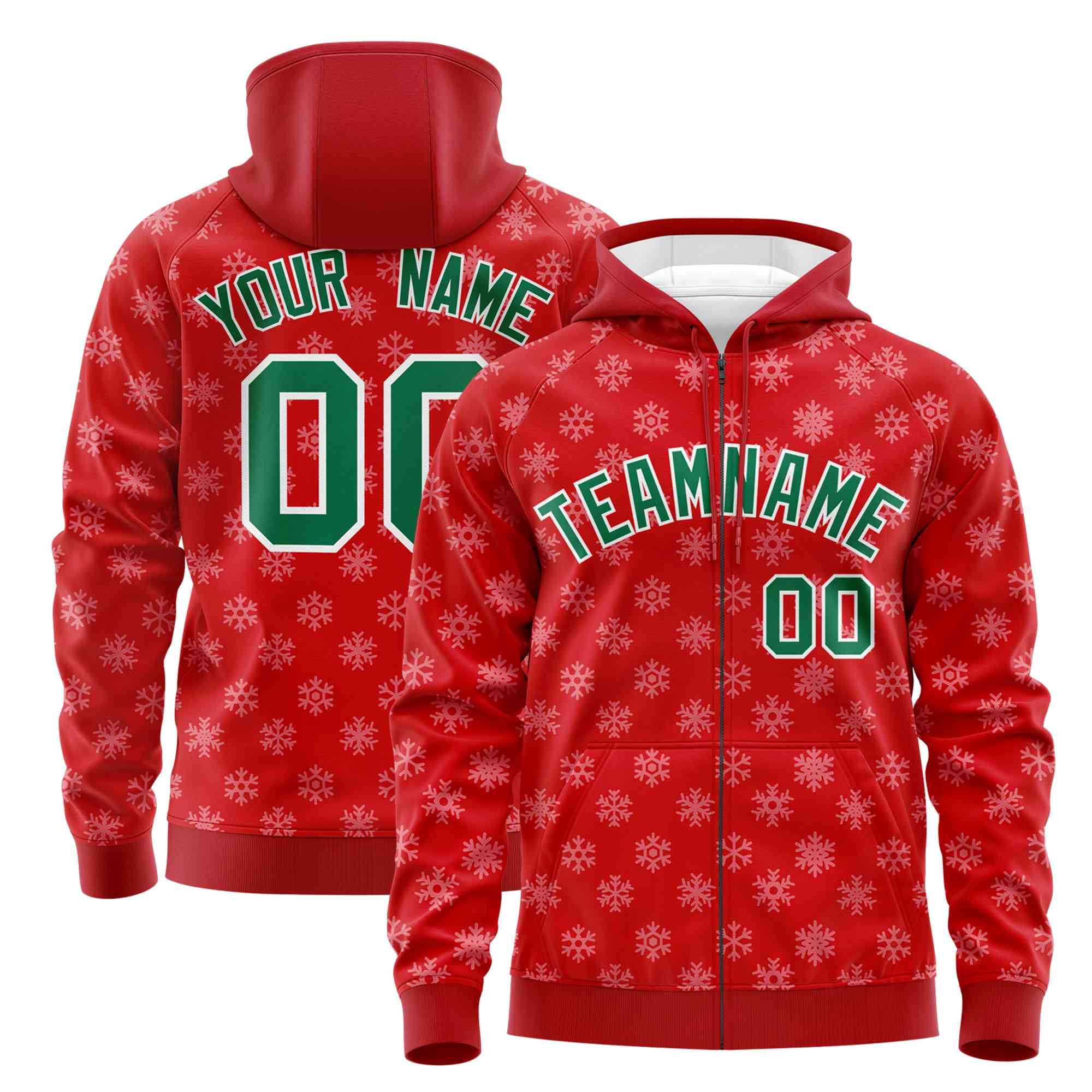 Custom Red Kelly Green Christmas Graffiti Pattern Athletic Full-Zip Hoodie