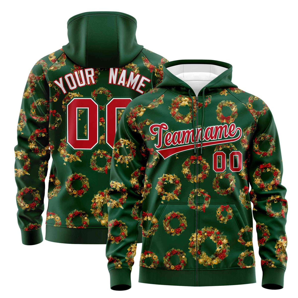 Custom Green Red Christmas Graffiti Pattern Athletic Full-Zip Hoodie| KXKSHOP