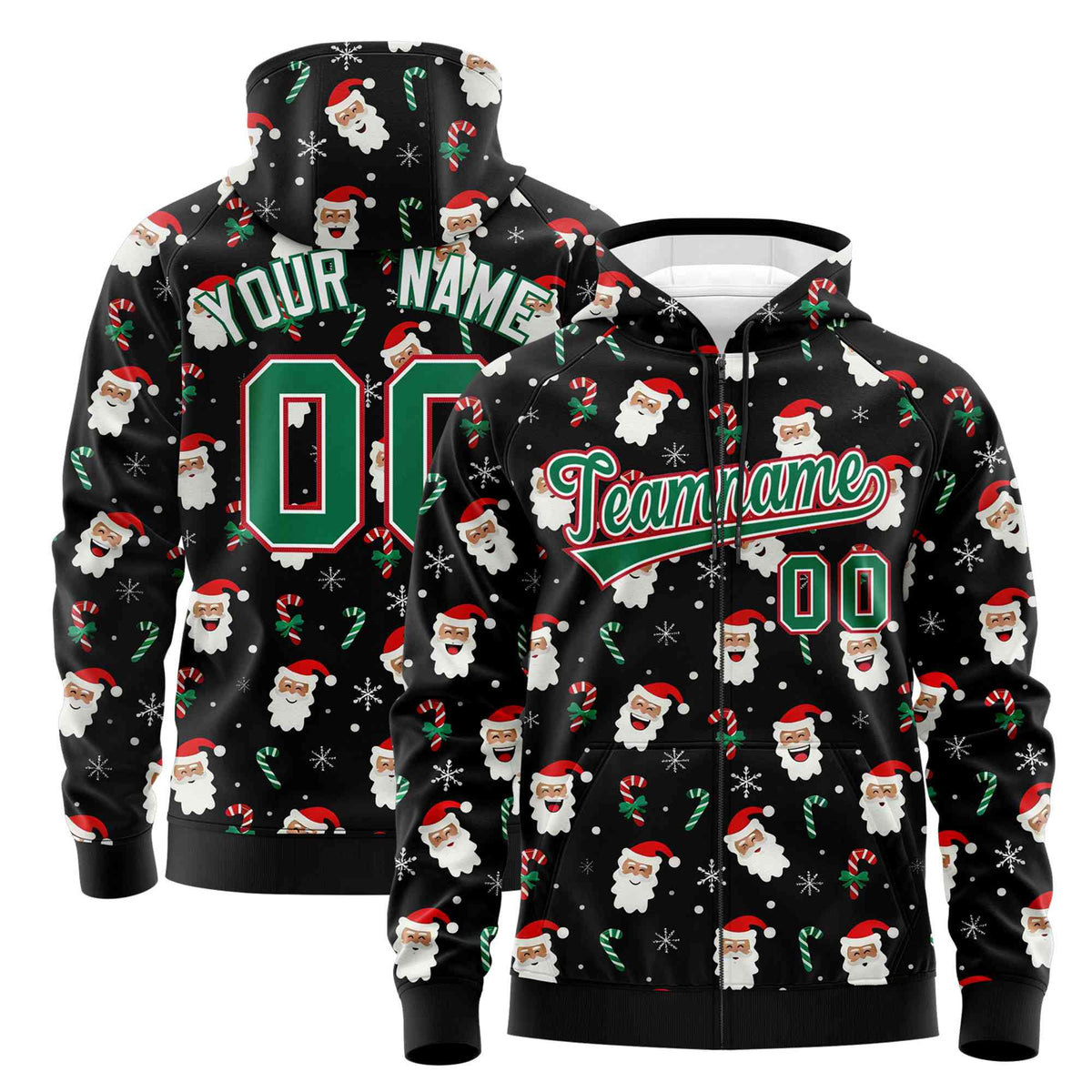 Custom Black Kelly Green Christmas Graffiti Pattern Athletic Full-Zip Hoodie| KXKSHOP