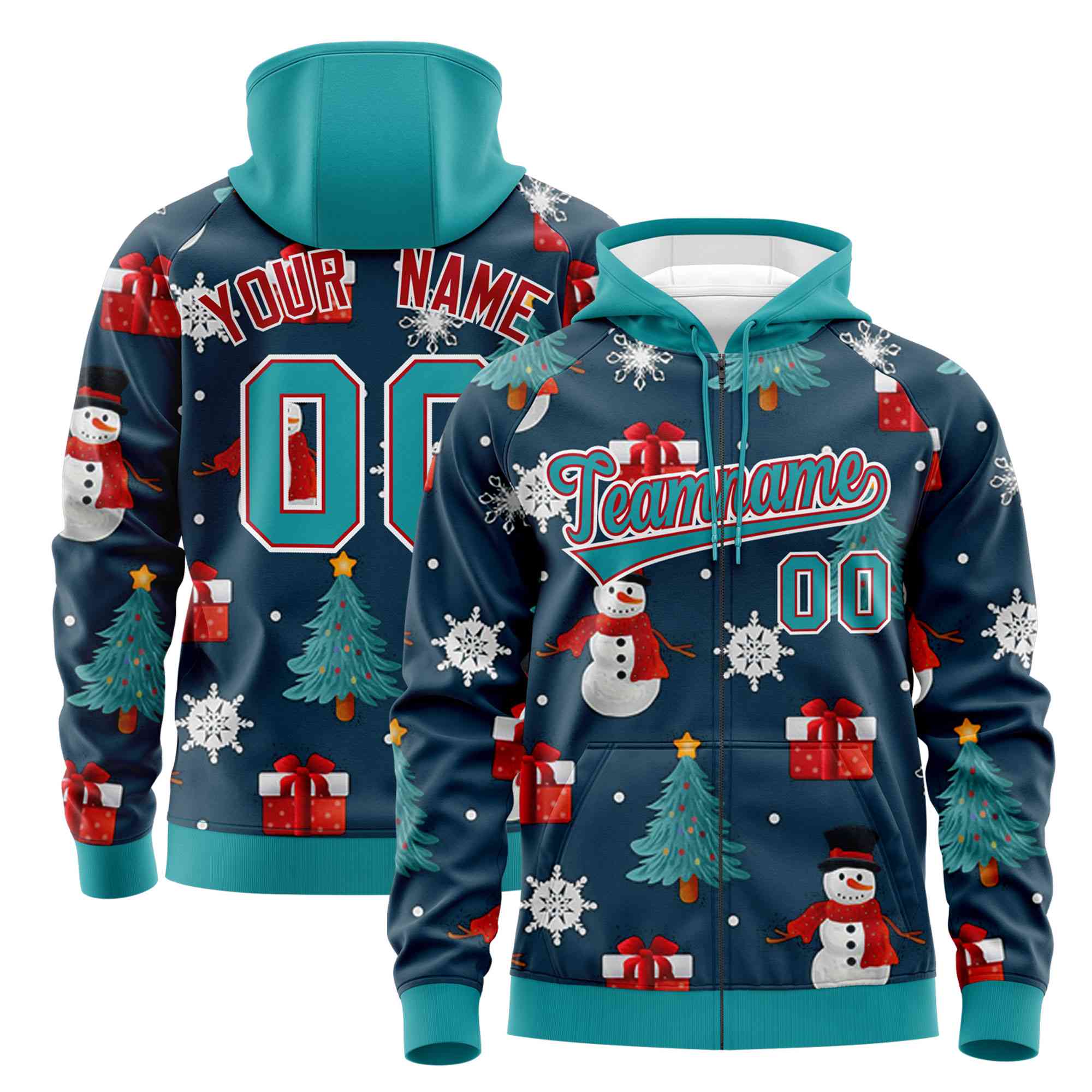 Custom Midnight Blue Aqua Christmas Graffiti Pattern Athletic Full-Zip Hoodie| KXKSHOP