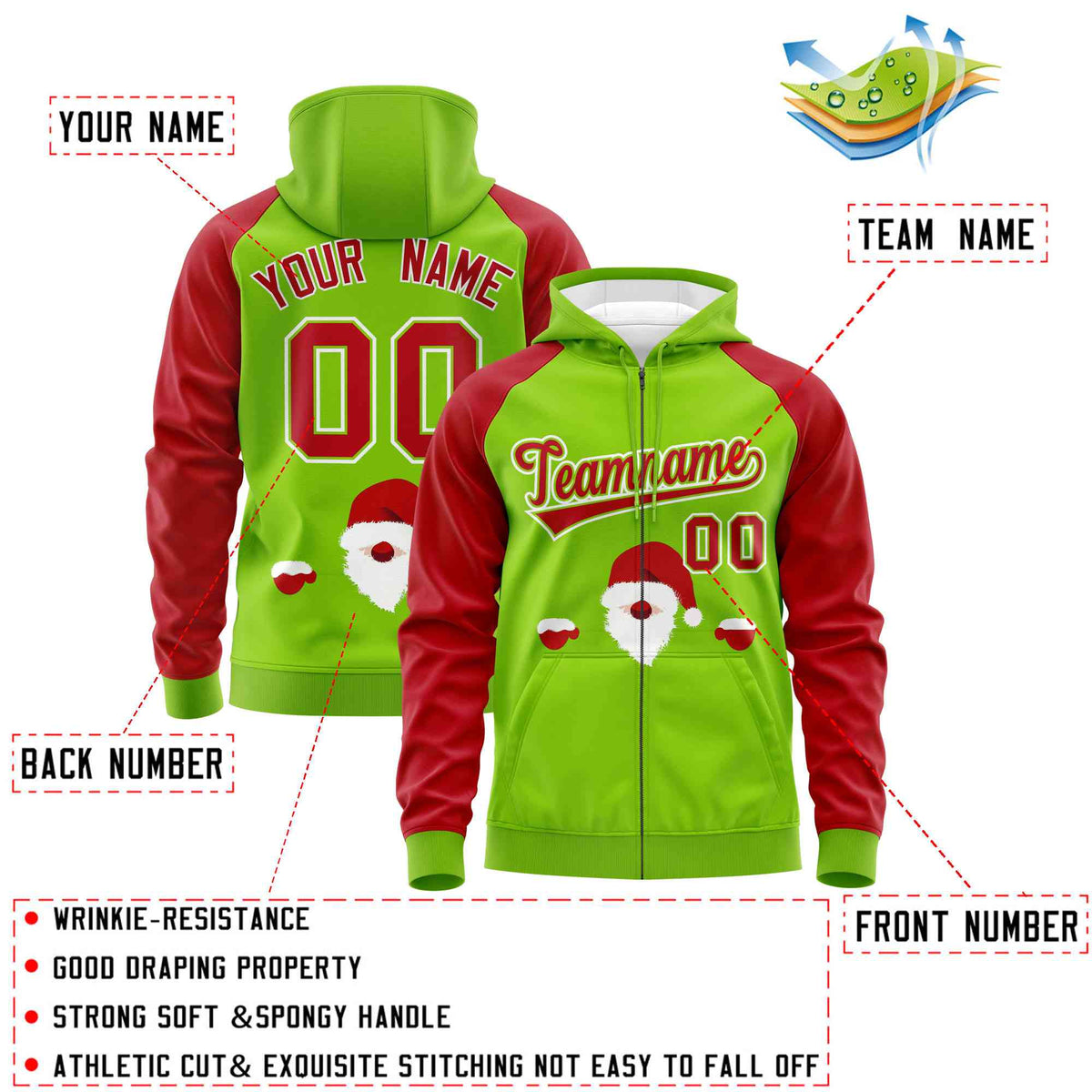 Custom Neon Green Red Christmas Graffiti Pattern Athletic Full-Zip Hoodie| KXKSHOP