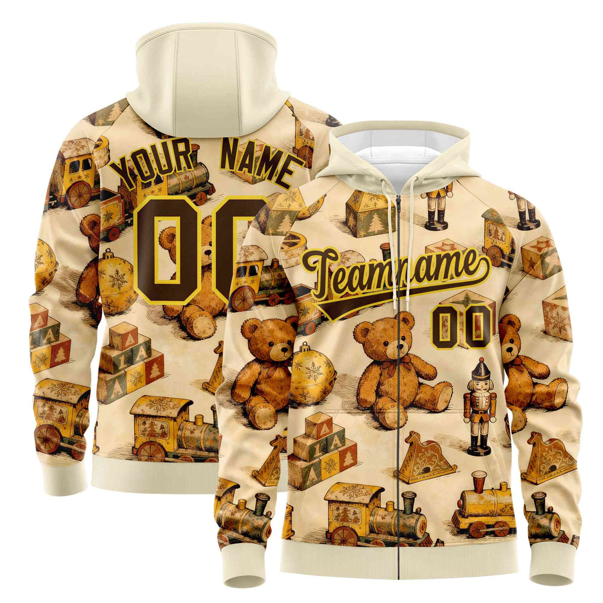 Custom Cream Light Brown Christmas Graffiti Pattern Athletic Full-Zip Hoodie| KXKSHOP