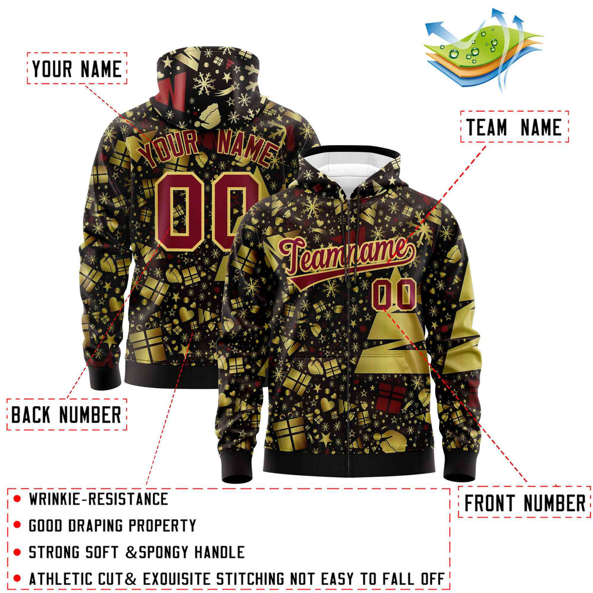 Custom Brown Crimson Christmas Graffiti Pattern Athletic Full-Zip Hoodie| KXKSHOP