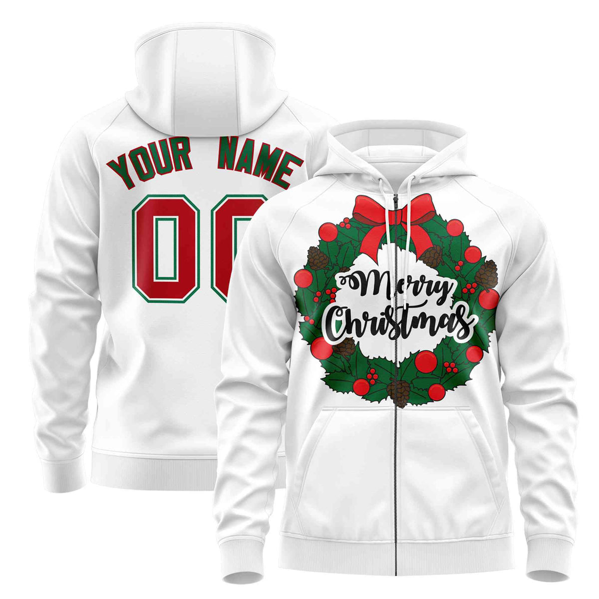 Custom White Red Christmas Graffiti Pattern Athletic Full-Zip Hoodie| KXKSHOP