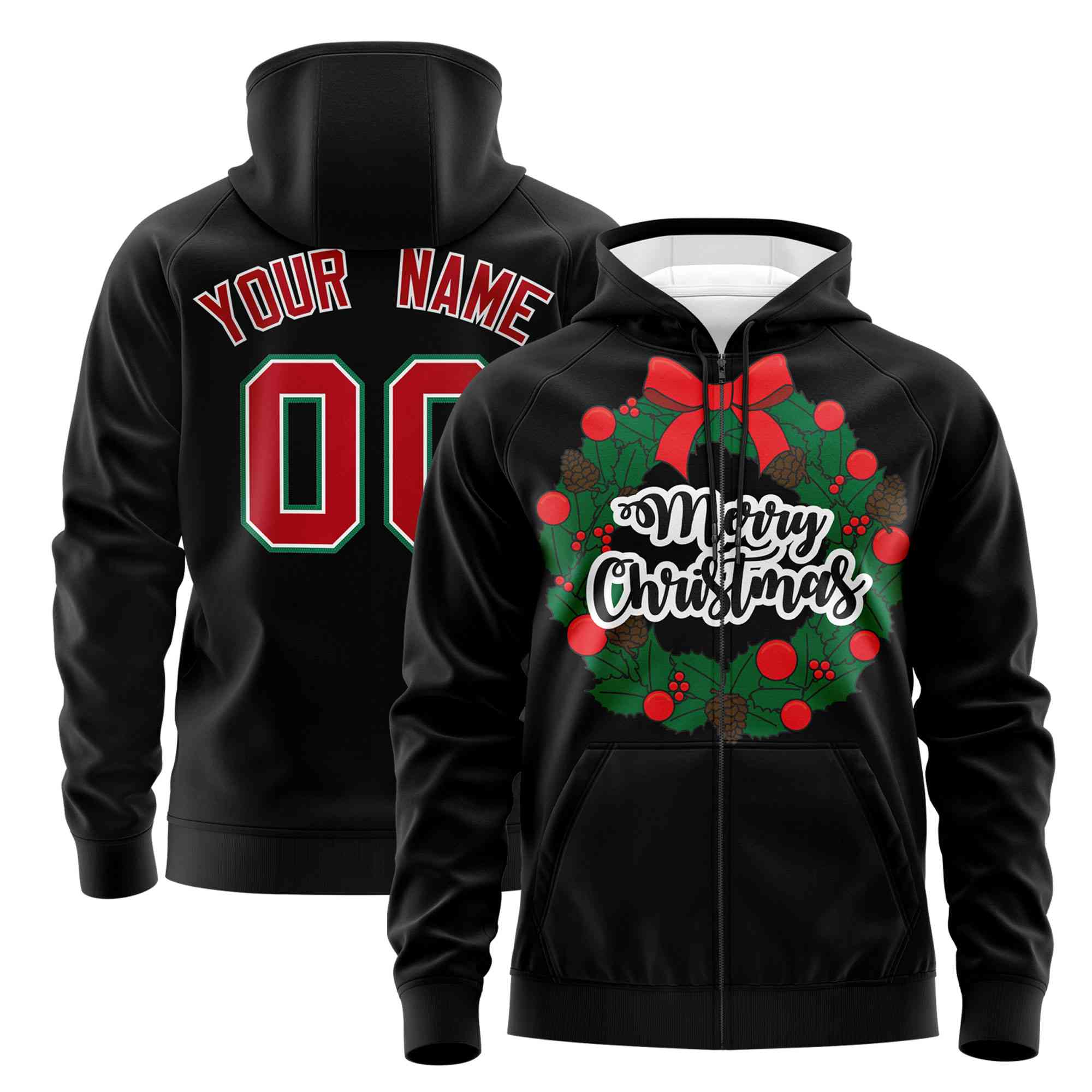 Custom Black Red Christmas Graffiti Pattern Athletic Full-Zip Hoodie| KXKSHOP