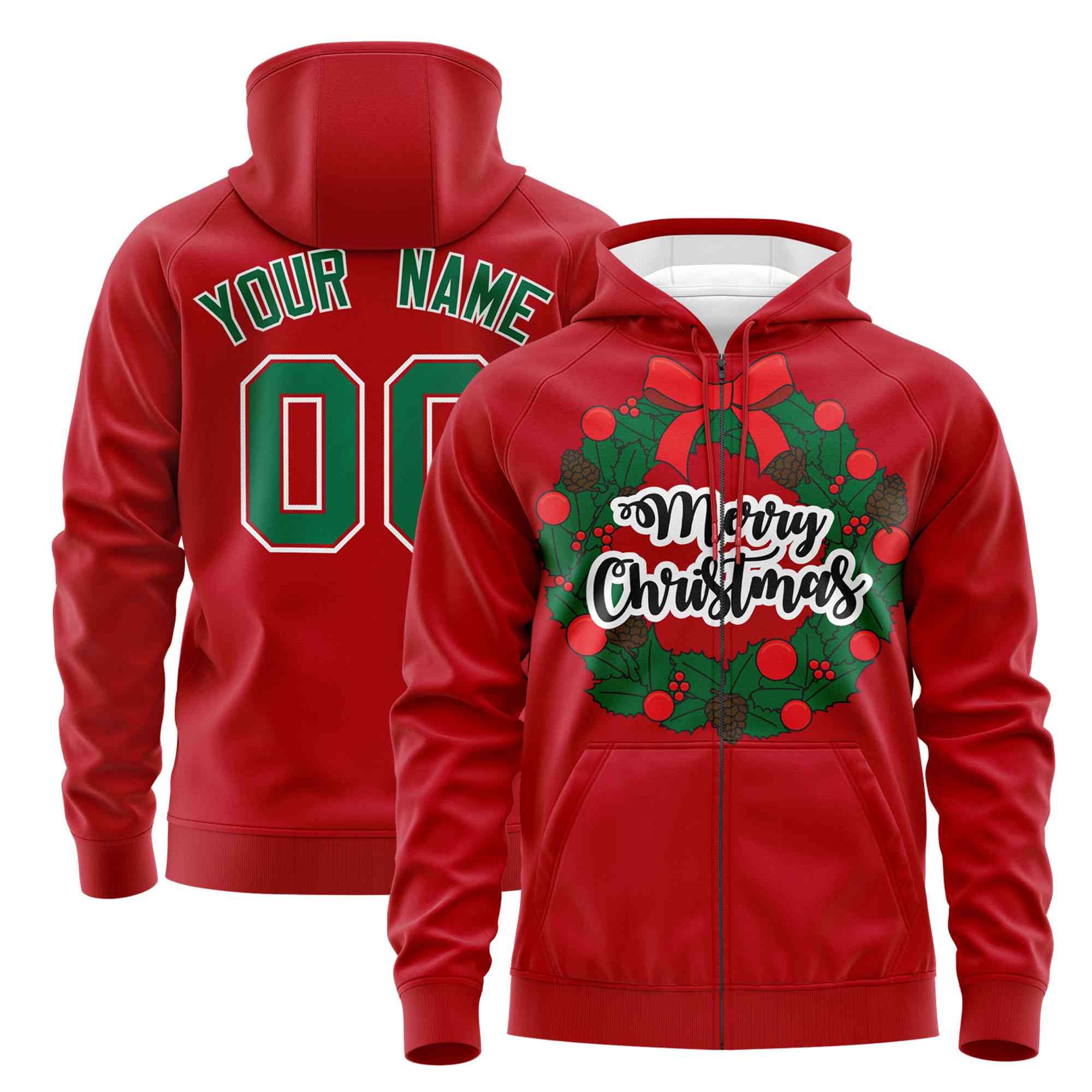 Custom Red Kelly Green Christmas Graffiti Pattern Athletic Full-Zip Hoodie| KXKSHOP