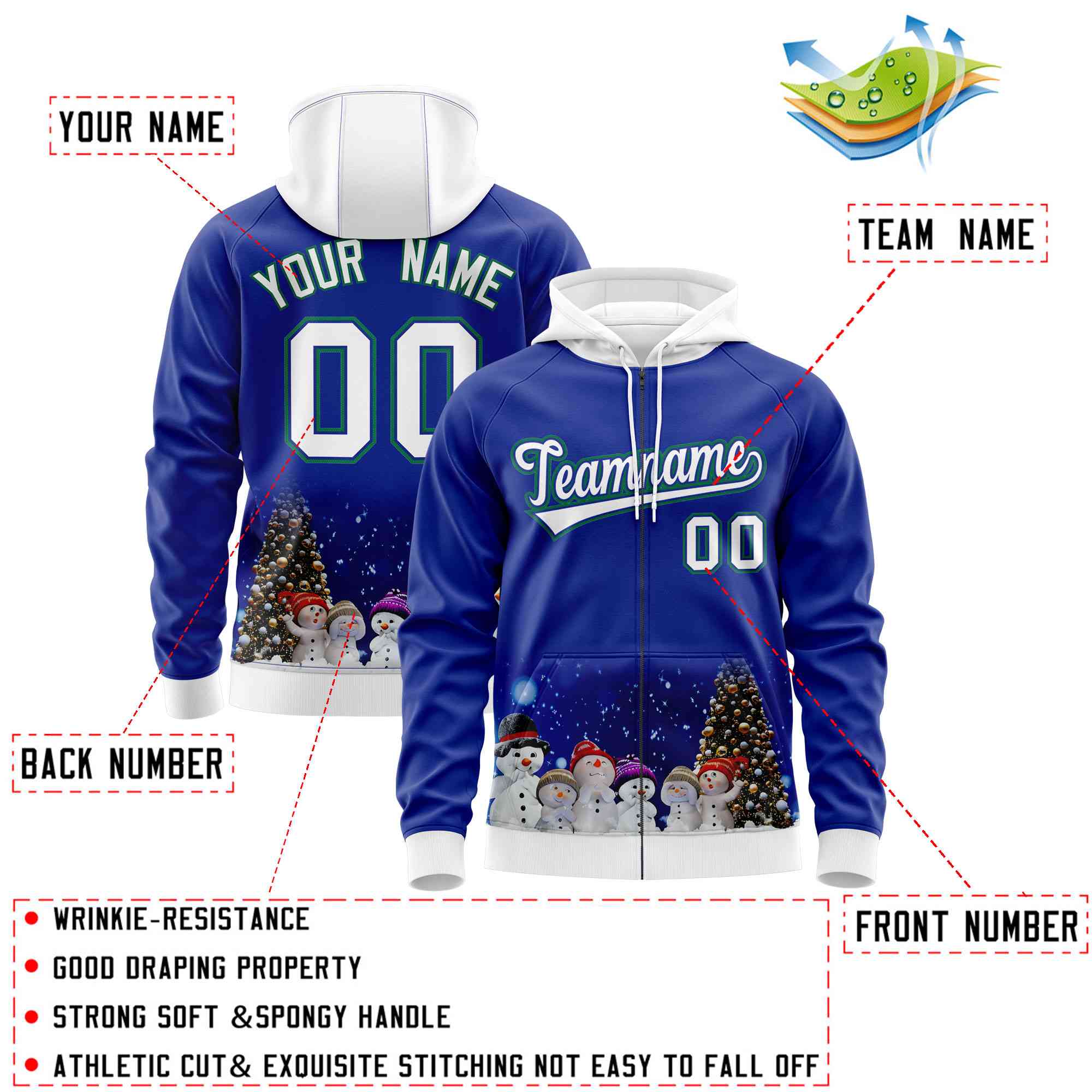 Custom Royal Blue White Christmas Graffiti Pattern Athletic Full-Zip Hoodie| KXKSHOP