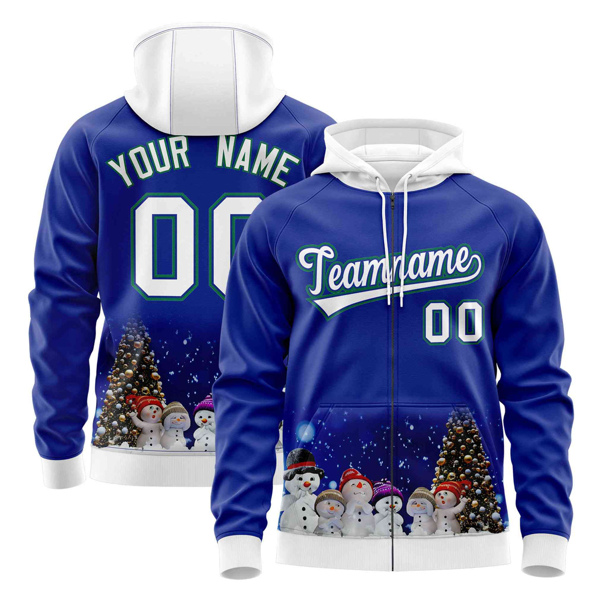 Custom Royal Blue White Christmas Graffiti Pattern Athletic Full-Zip Hoodie| KXKSHOP
