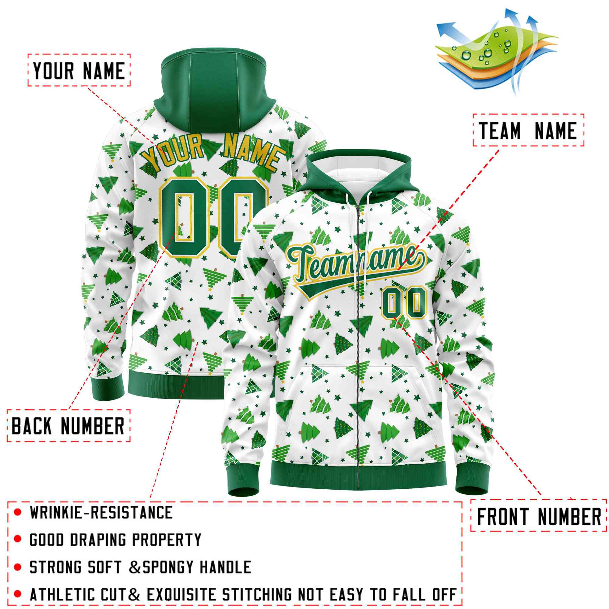 Custom White Kelly Green Christmas Graffiti Pattern Athletic Full-Zip Hoodie| KXKSHOP
