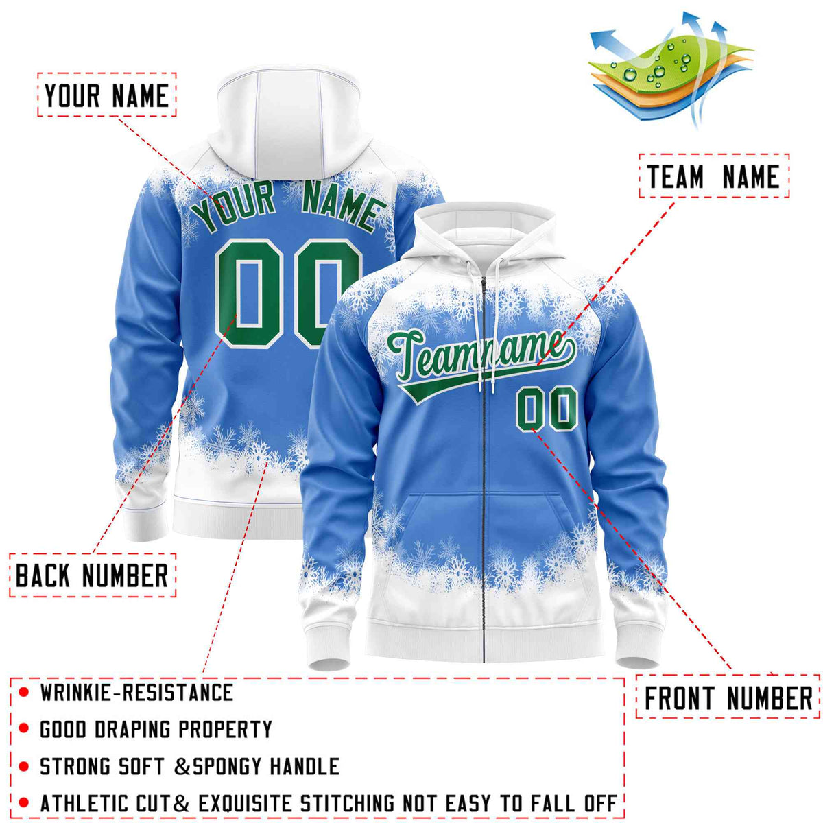 Custom Powder Blue White Christmas Graffiti Pattern Athletic Full-Zip Hoodie| KXKSHOP