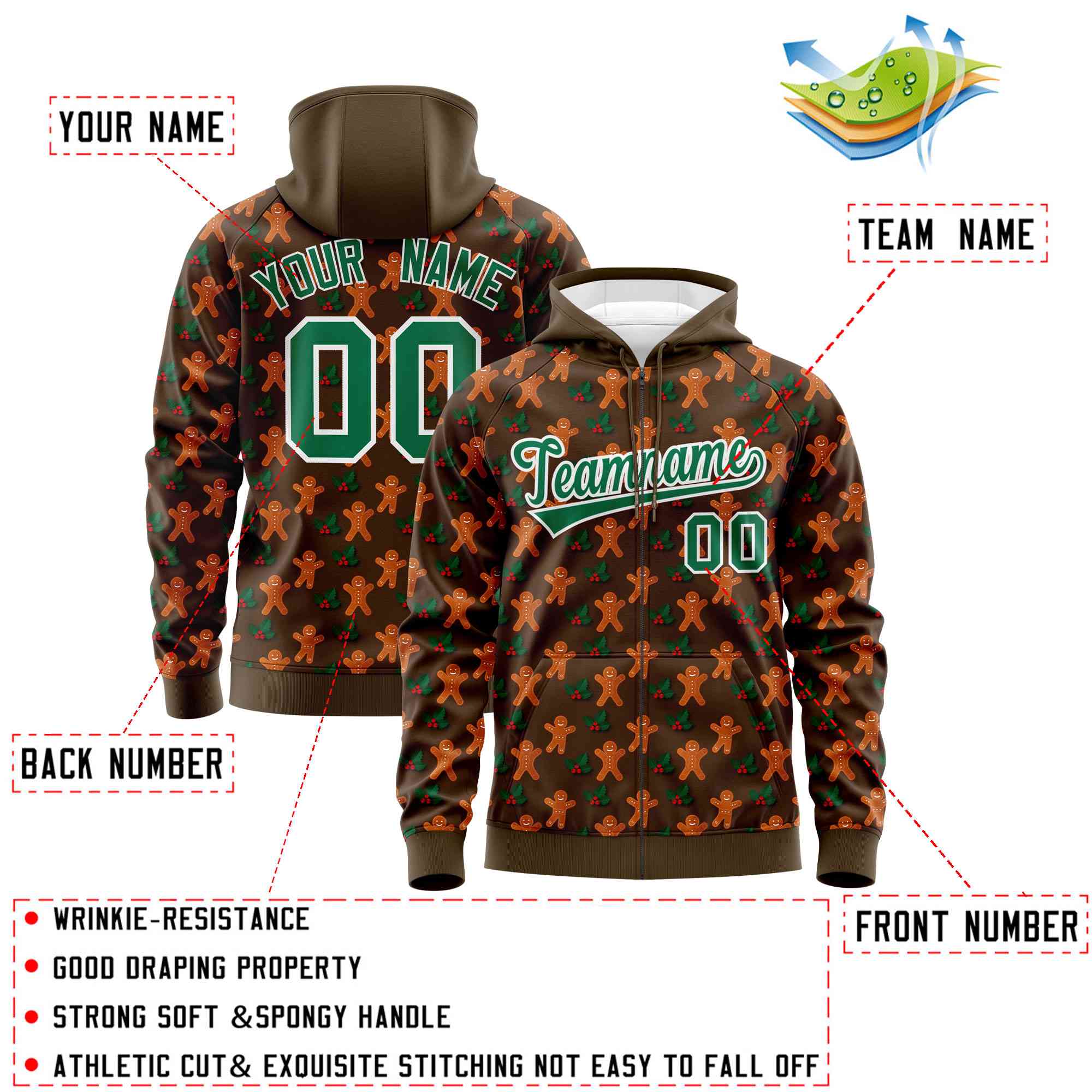 Custom Light Brown Kelly Green Christmas Graffiti Pattern Athletic Full-Zip Hoodie| KXKSHOP