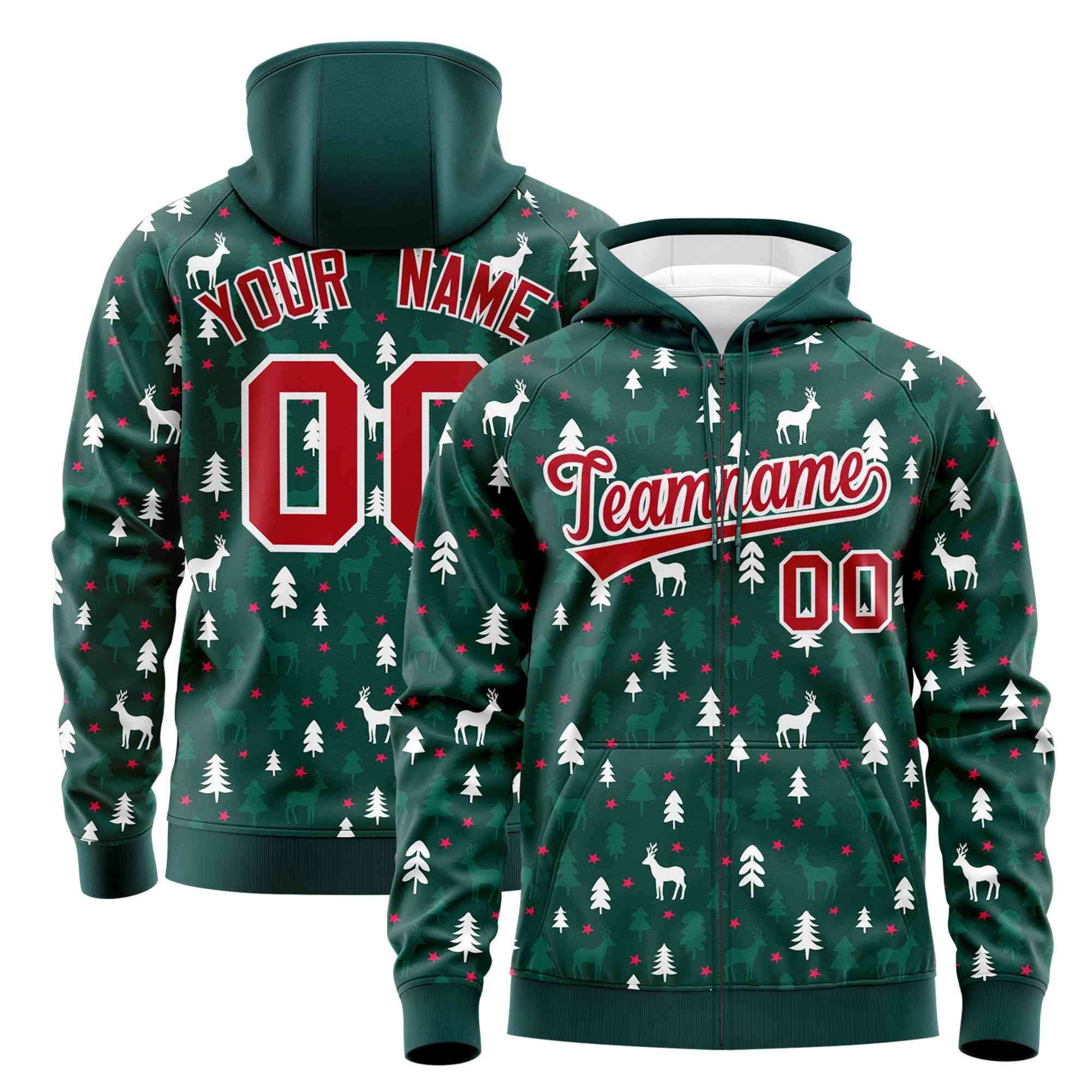 Custom Midnight Green Red Christmas Graffiti Pattern Athletic Full-Zip Hoodie| KXKSHOP
