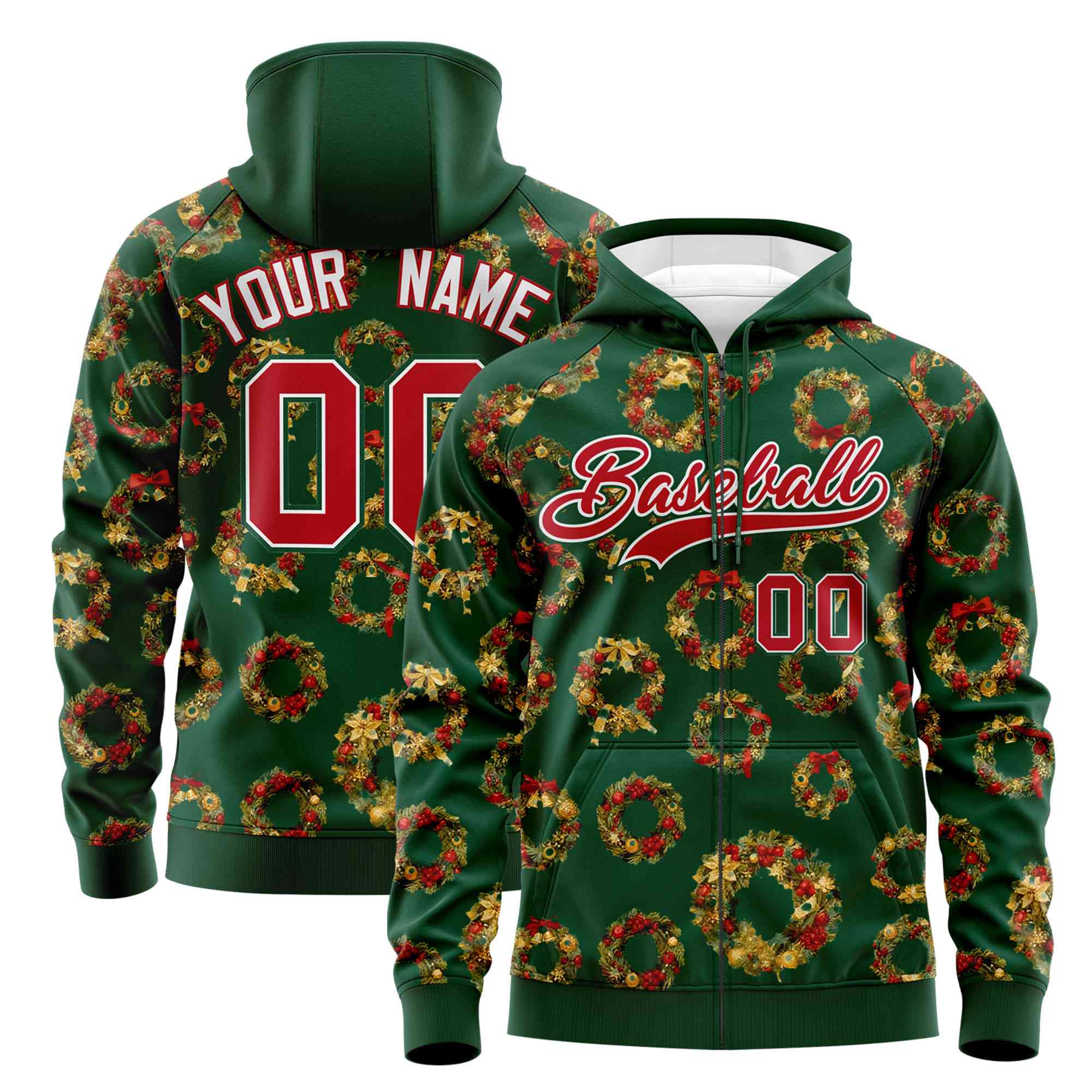 Custom Green Red Christmas Graffiti Pattern Athletic Full-Zip Hoodie