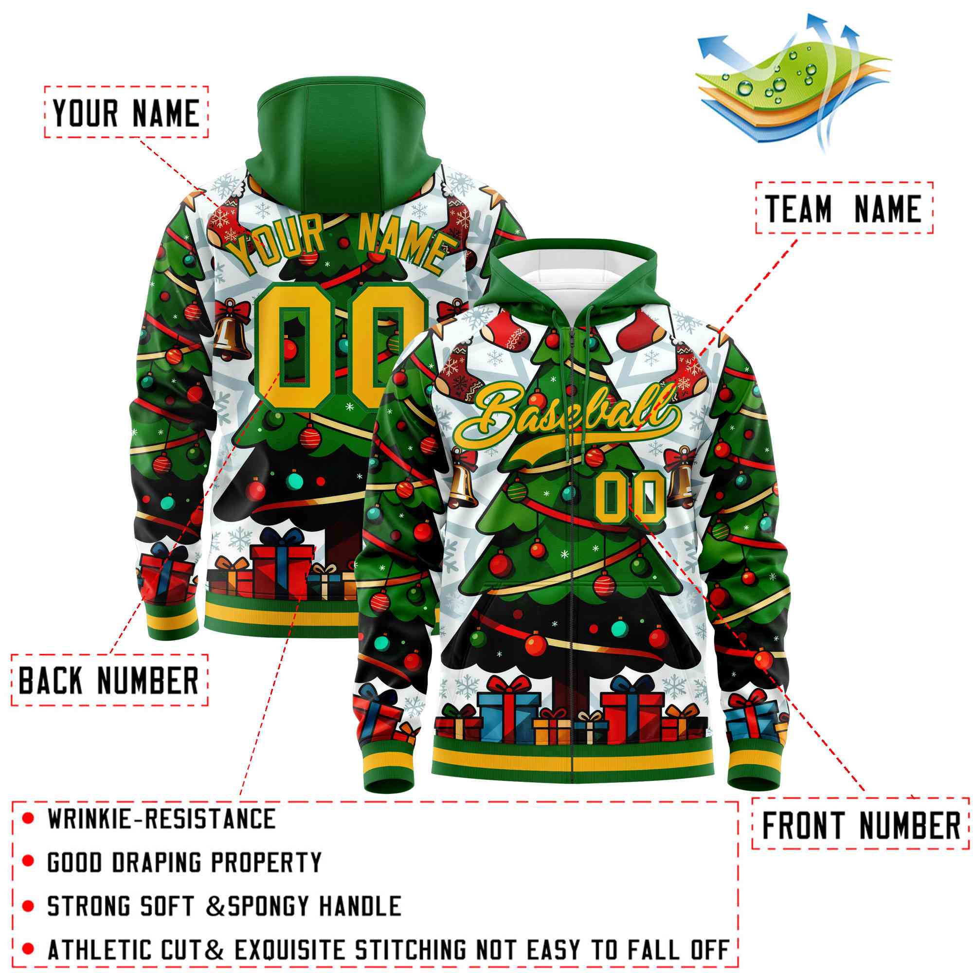 Custom Kelly Green Gold Christmas Graffiti Pattern Athletic Full-Zip Hoodie