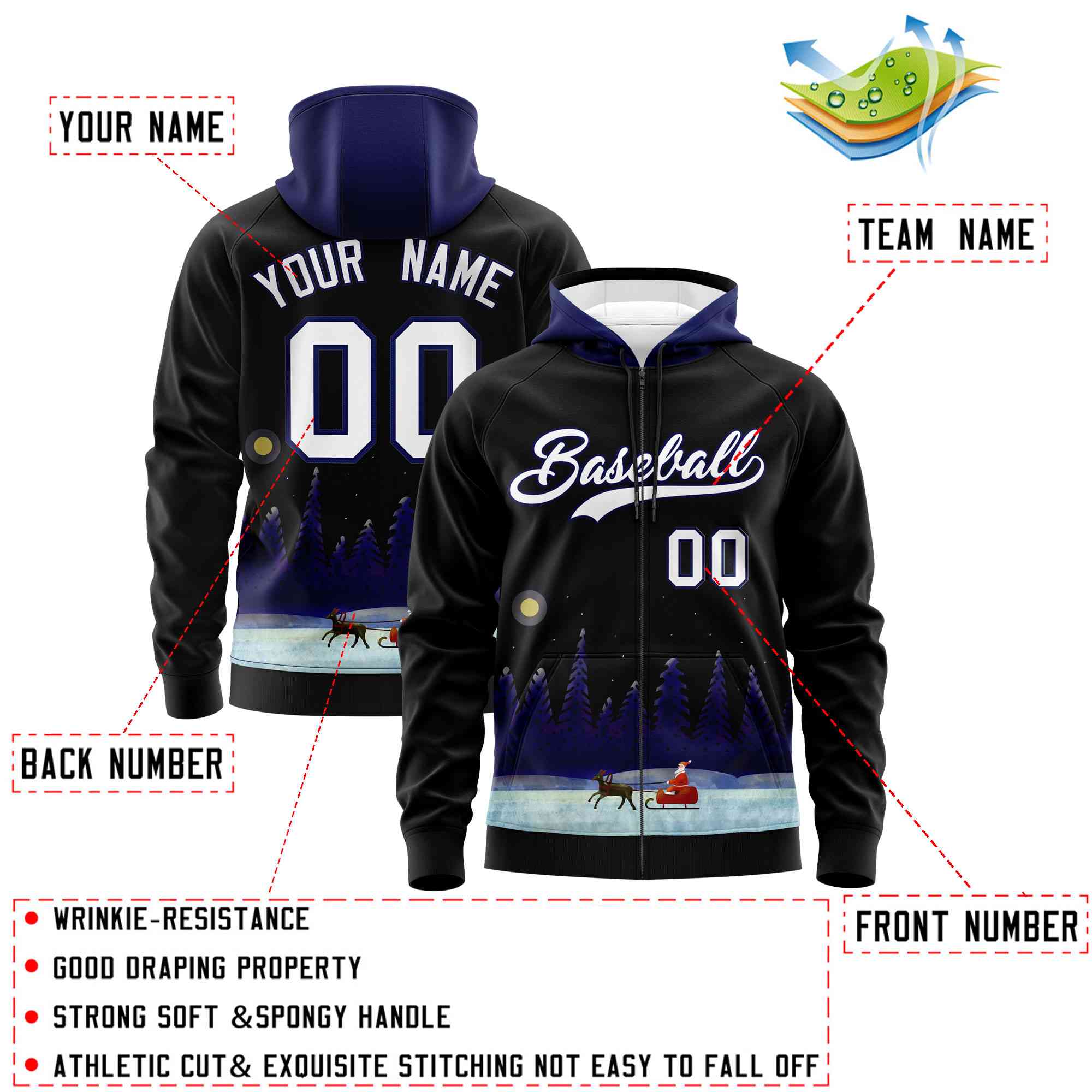 Custom Black Dark Blue Christmas Graffiti Pattern Athletic Full-Zip Hoodie