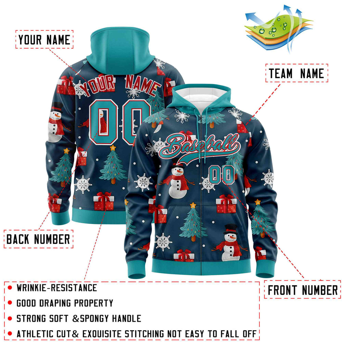 Custom Midnight Blue Aqua Christmas Graffiti Pattern Athletic Full-Zip Hoodie