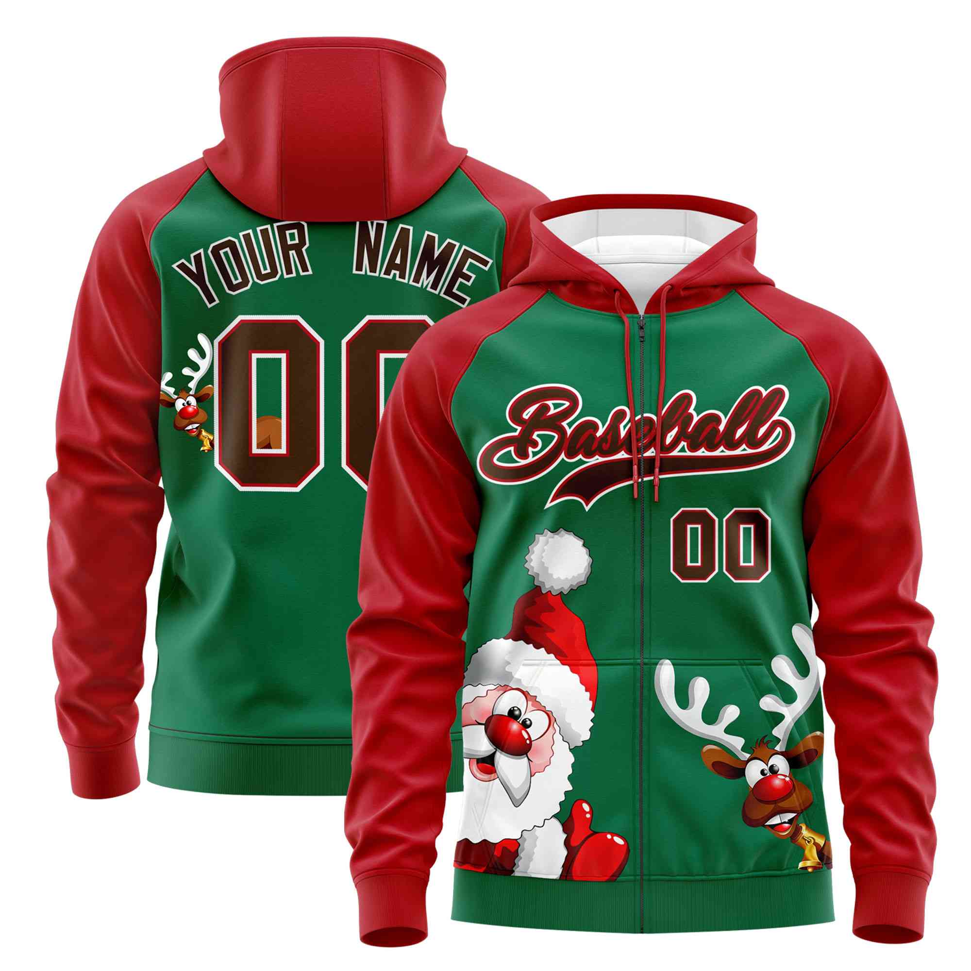 Custom Kelly Green Red Christmas Graffiti Pattern Athletic Full-Zip Hoodie