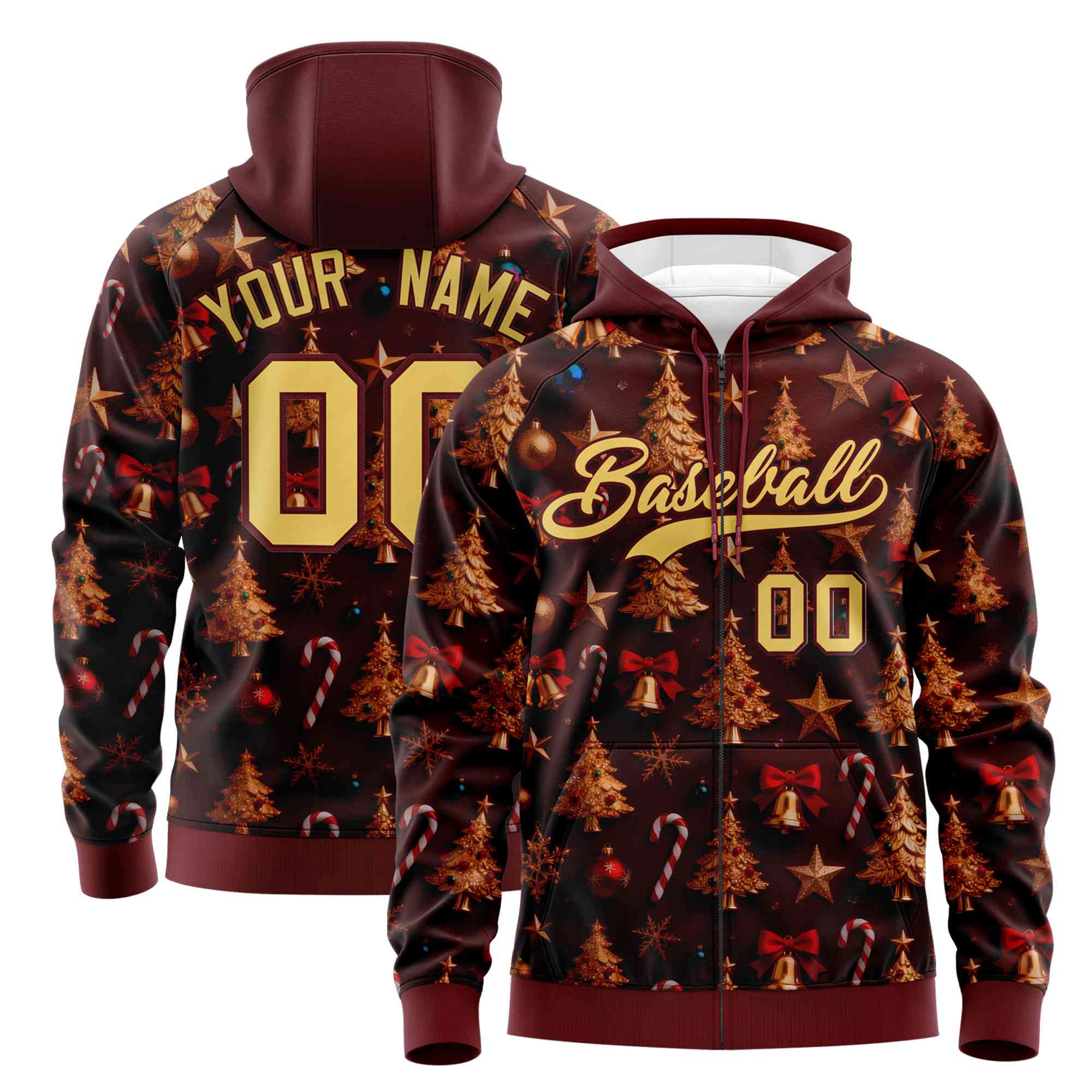 Custom Burgundy Khaki Christmas Graffiti Pattern Athletic Full-Zip Hoodie