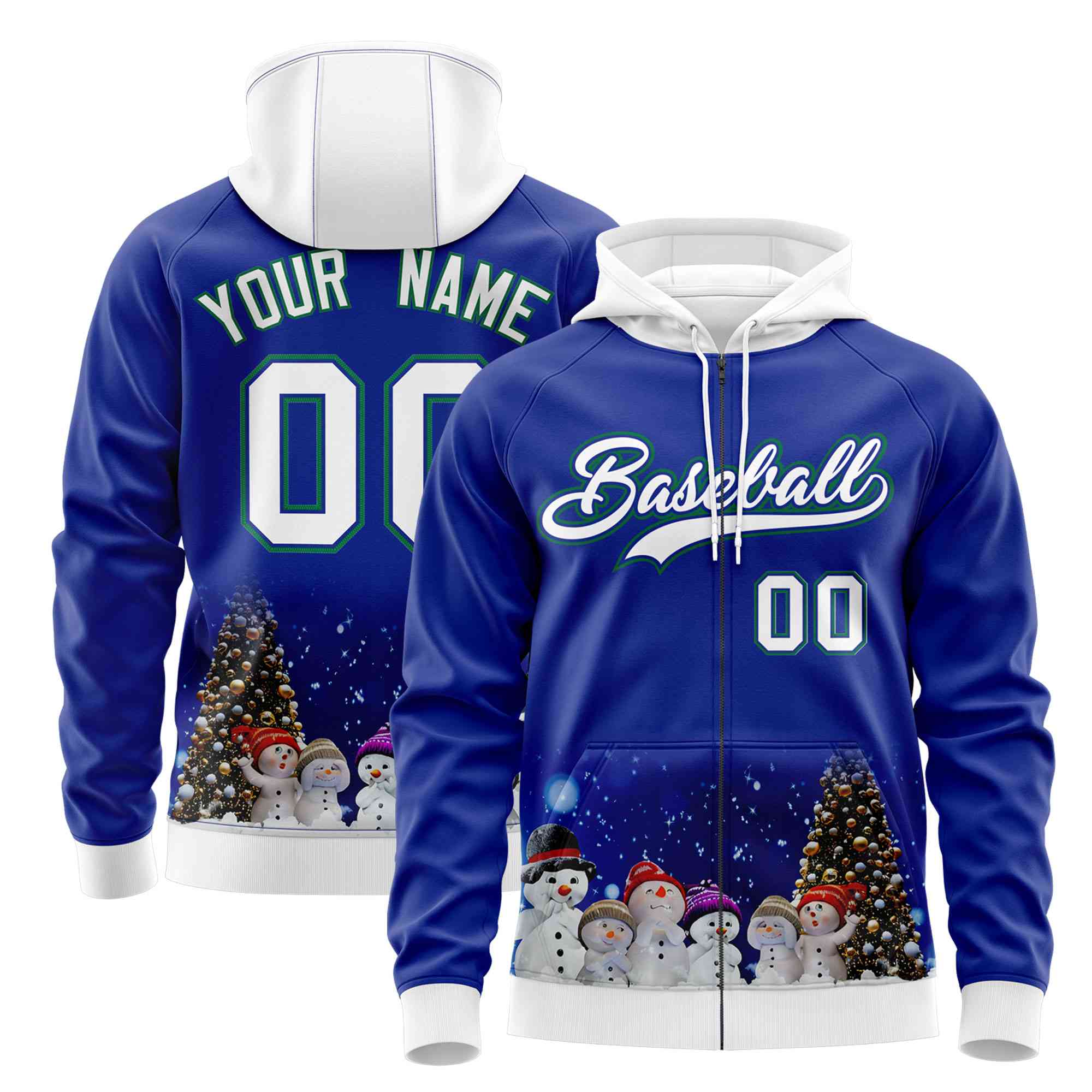 Custom Royal Blue White Christmas Graffiti Pattern Athletic Full-Zip Hoodie