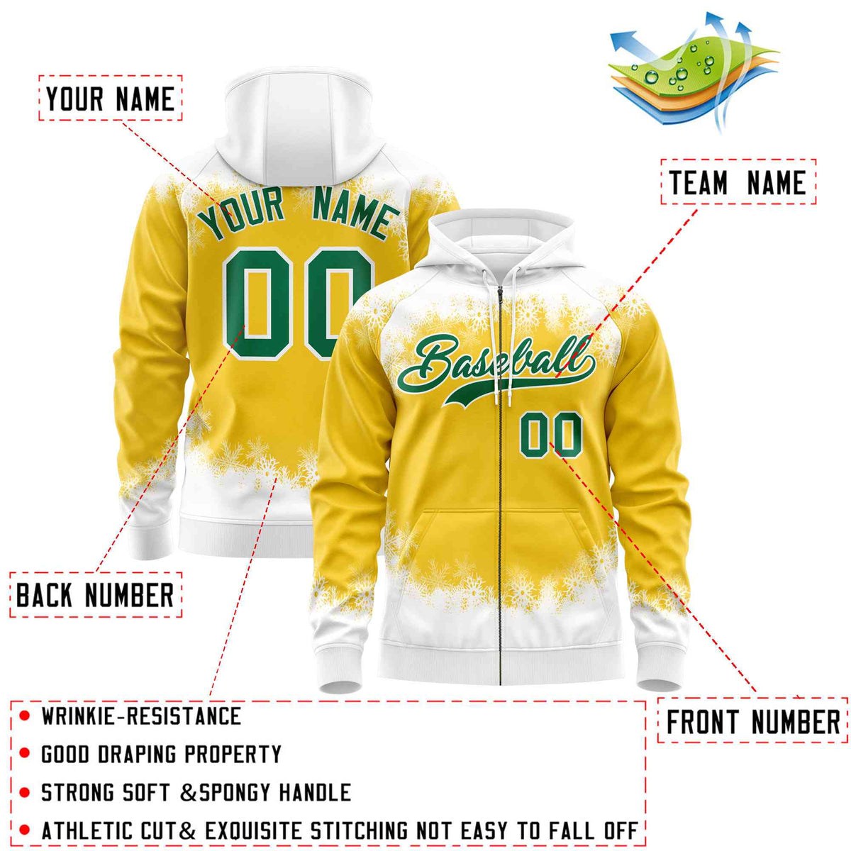 Custom Gold White Christmas Graffiti Pattern Athletic Full-Zip Hoodie