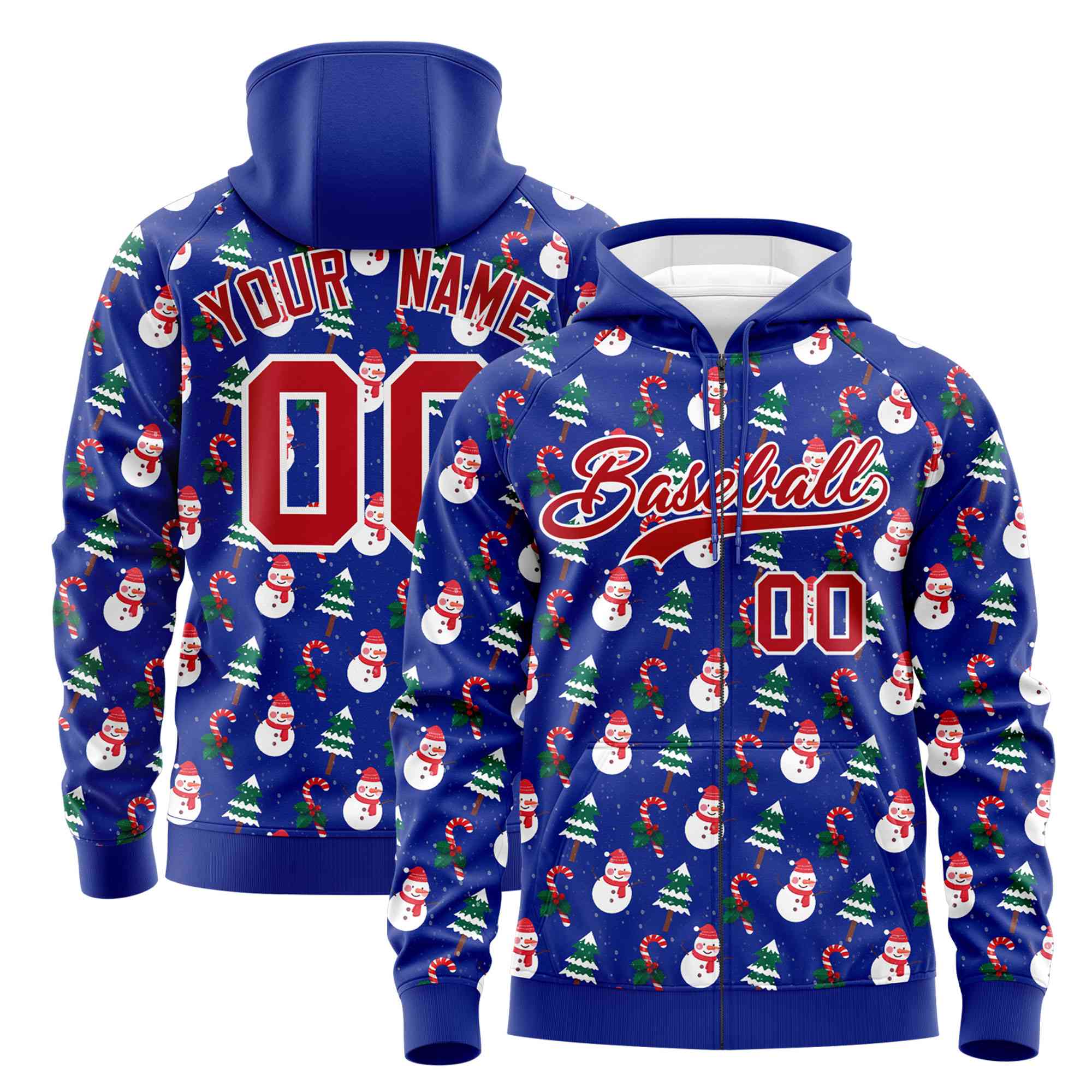 Custom Royal Blue Red Christmas Graffiti Pattern Athletic Full-Zip Hoodie