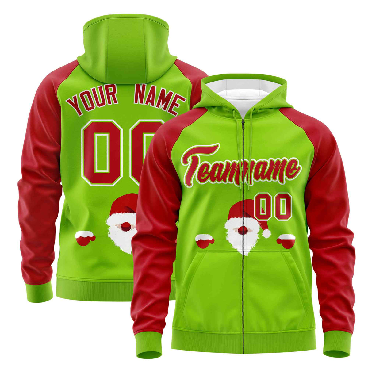 Custom Neon Green Red Christmas Graffiti Pattern Athletic Full-Zip Hoodie