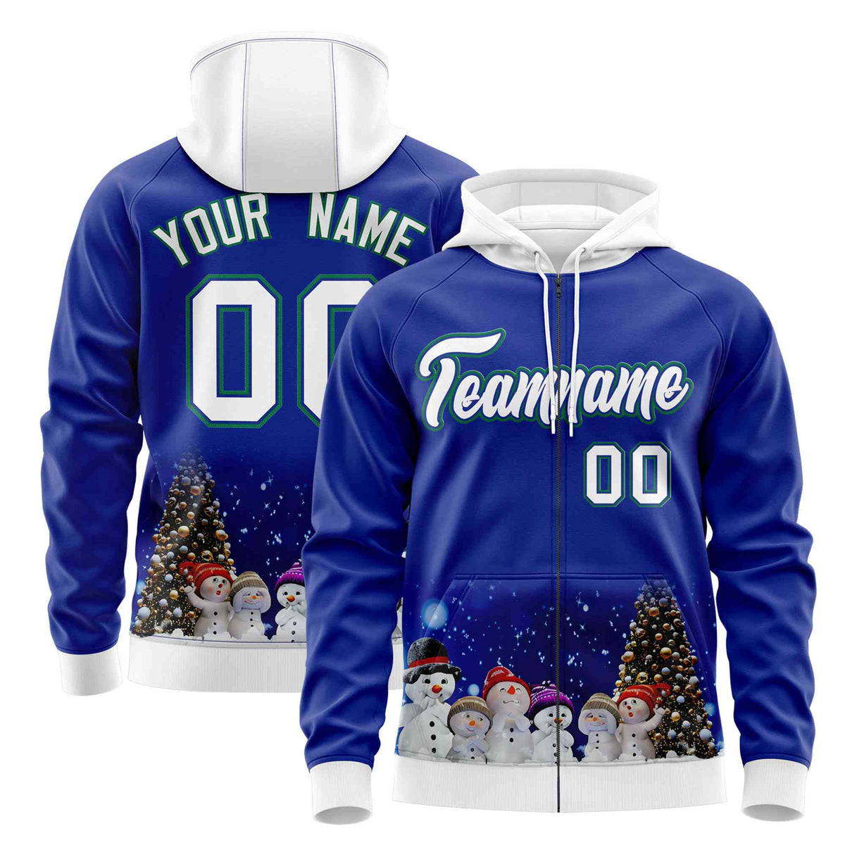 Custom Royal Blue White Christmas Graffiti Pattern Athletic Full-Zip Hoodie