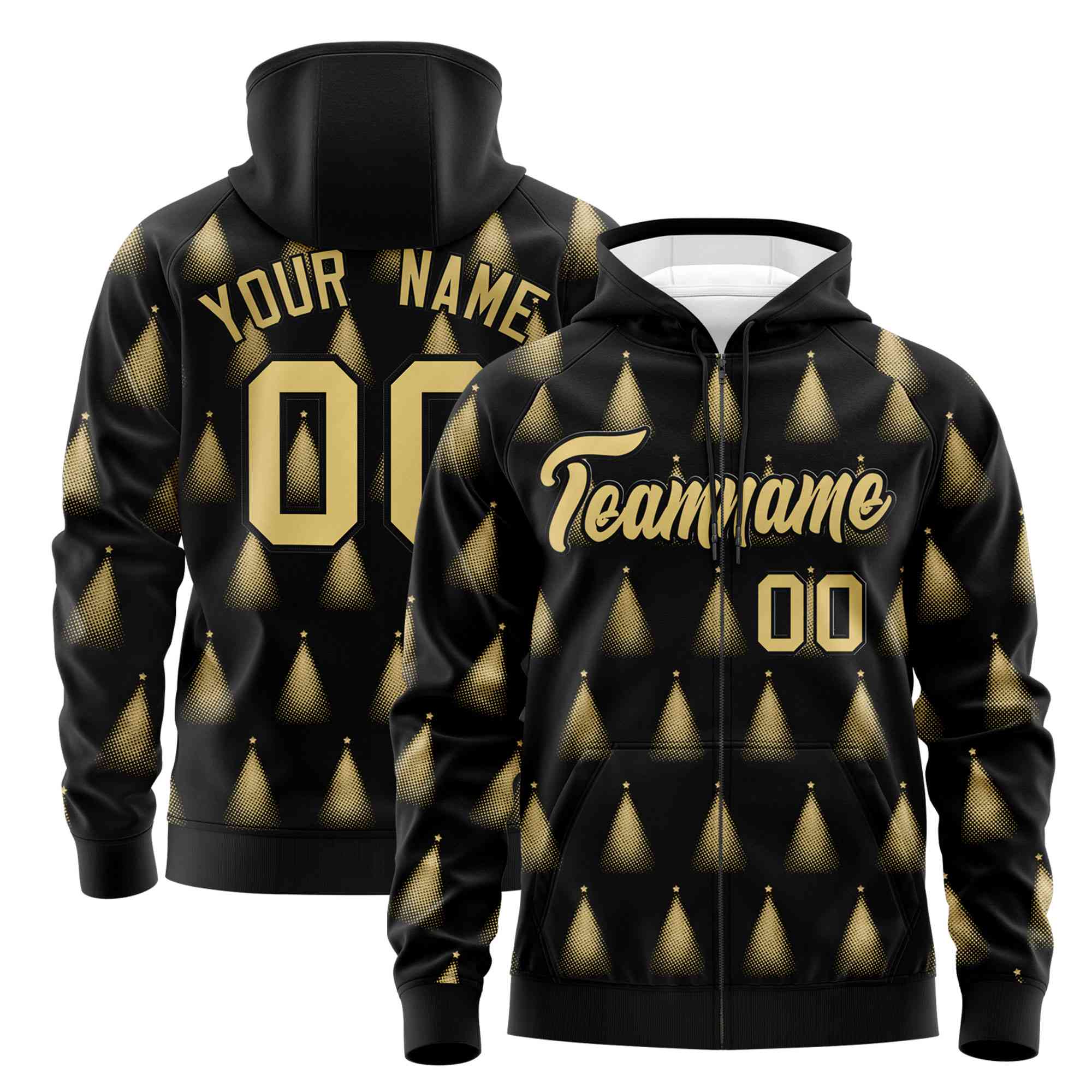 Custom Black Khaki Christmas Graffiti Pattern Athletic Full-Zip Hoodie