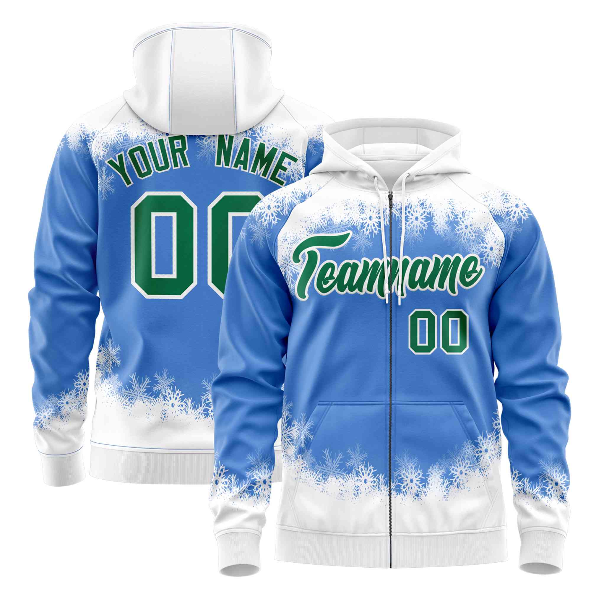 Custom Powder Blue White Christmas Graffiti Pattern Athletic Full-Zip Hoodie