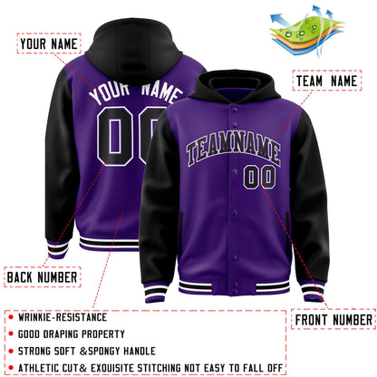 Custom Purple Black Raglan Sleeves Varsity Full-Snap Letterman Two Tone Hoodie Jacket