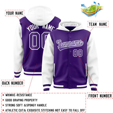 Custom Purple White Raglan Sleeves Varsity Full-Snap Letterman Two Tone Hoodie Jacket