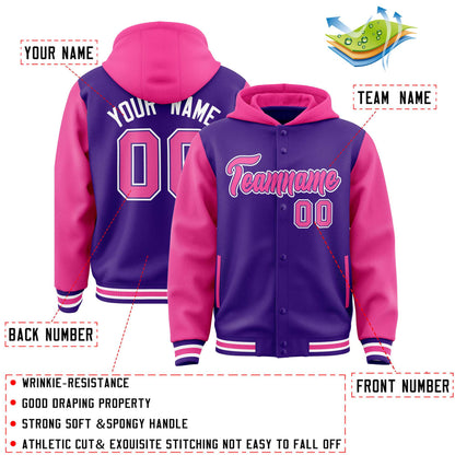 Custom Purple Pink Raglan Sleeves Varsity Full-Snap Letterman Two Tone Hoodie Jacket