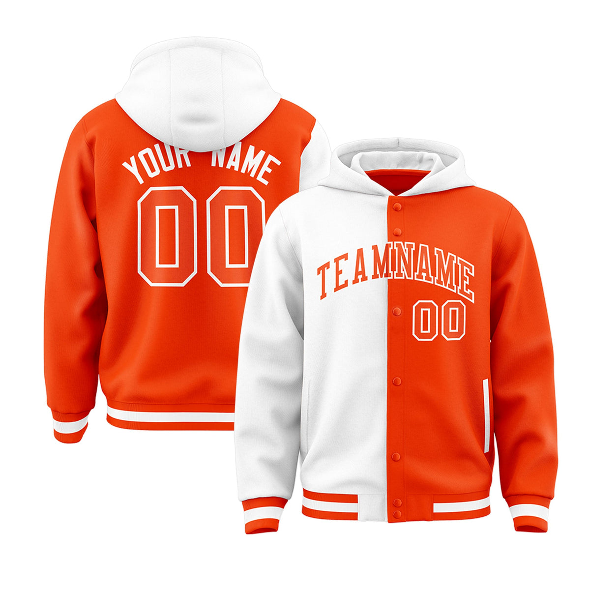 Custom White Orange Split Fashion Varsity Full-Snap Letterman Two Tone Hoodie Jacket