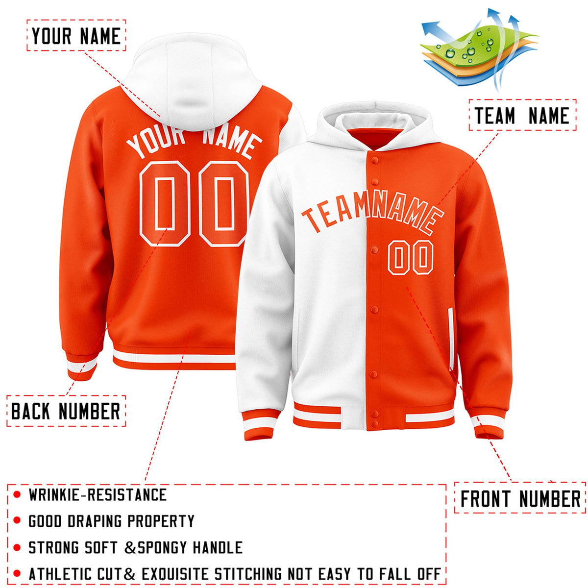 Custom White Orange Split Fashion Varsity Full-Snap Letterman Two Tone Hoodie Jacket