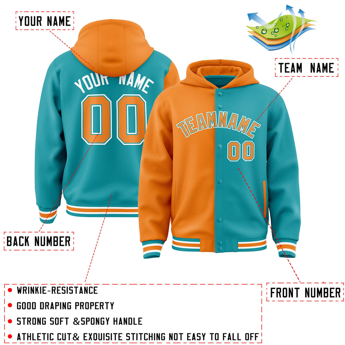 Custom Orange Aqua Split Fashion Varsity Full-Snap Letterman Two Tone Hoodie Jacket