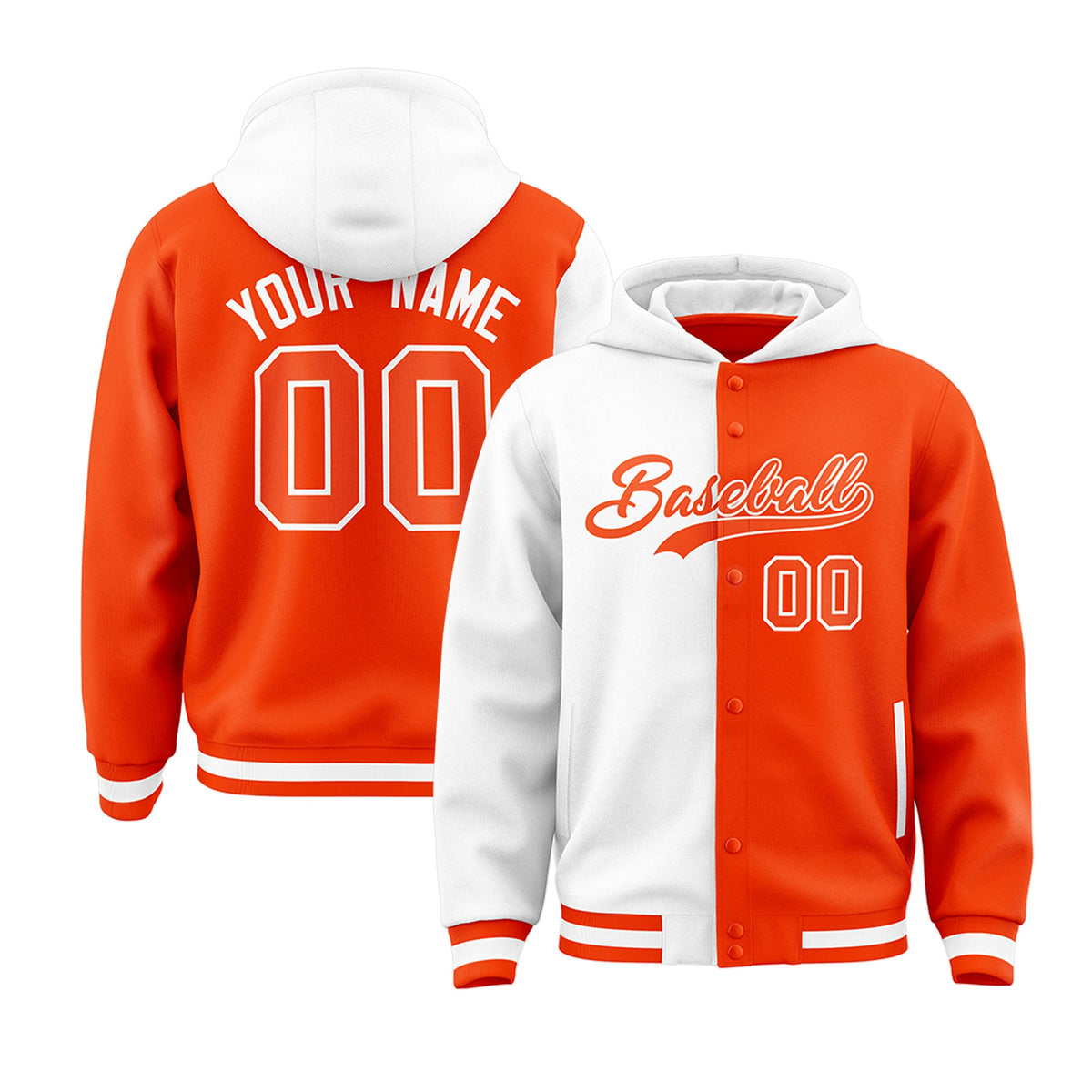 Custom White Orange Split Fashion Varsity Full-Snap Letterman Two Tone Hoodie Jacket