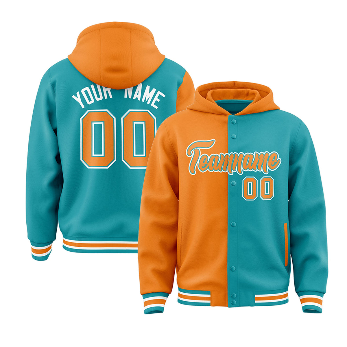 Custom Orange Aqua Split Fashion Varsity Full-Snap Letterman Two Tone Hoodie Jacket