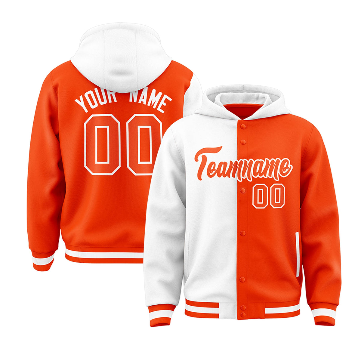 Custom White Orange Split Fashion Varsity Full-Snap Letterman Two Tone Hoodie Jacket
