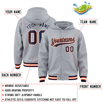 Custom Gray Navy-Orange Varsity Full-Snap Letterman Classic Hoodie Jacket