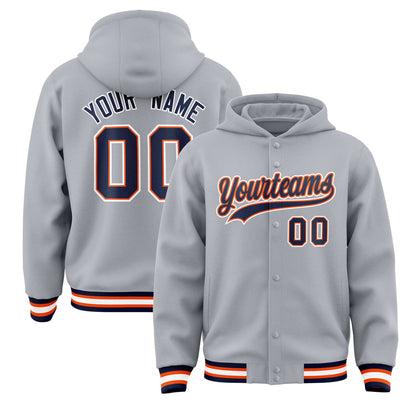 Custom Gray Navy-Orange Varsity Full-Snap Letterman Classic Hoodie Jacket
