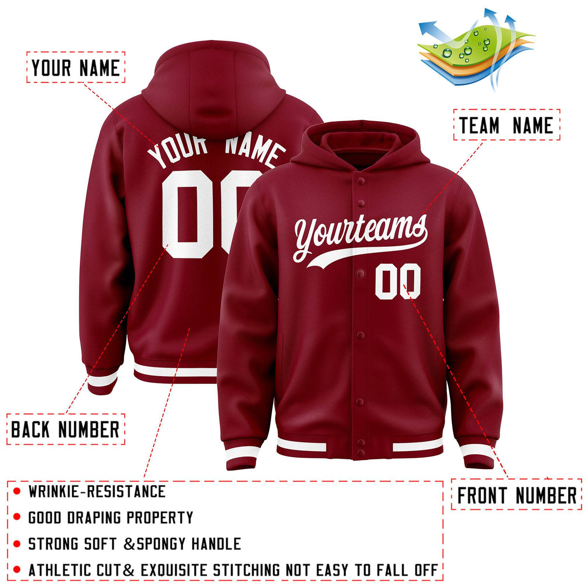 Custom Crimson White Varsity Full-Snap Letterman Classic Hoodie Jacket