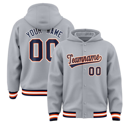 Custom Gray Navy-Orange Varsity Full-Snap Letterman Classic Hoodie Jacket