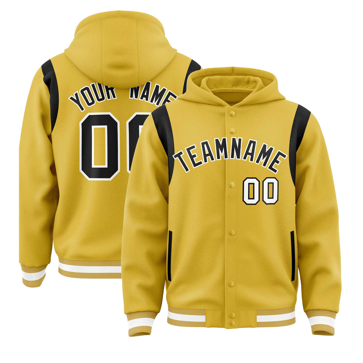 Custom Old Gold Black Varsity Full-Snap Letterman Shoulder Color Block Hoodie Jacket