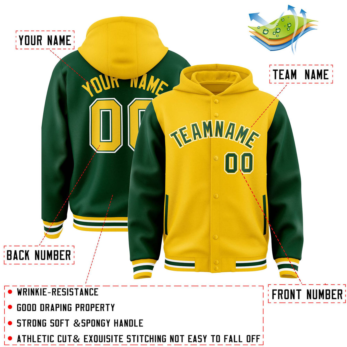 Custom Gold Green Raglan Sleeves Varsity Full-Snap Letterman Two Tone Hoodie Jacket
