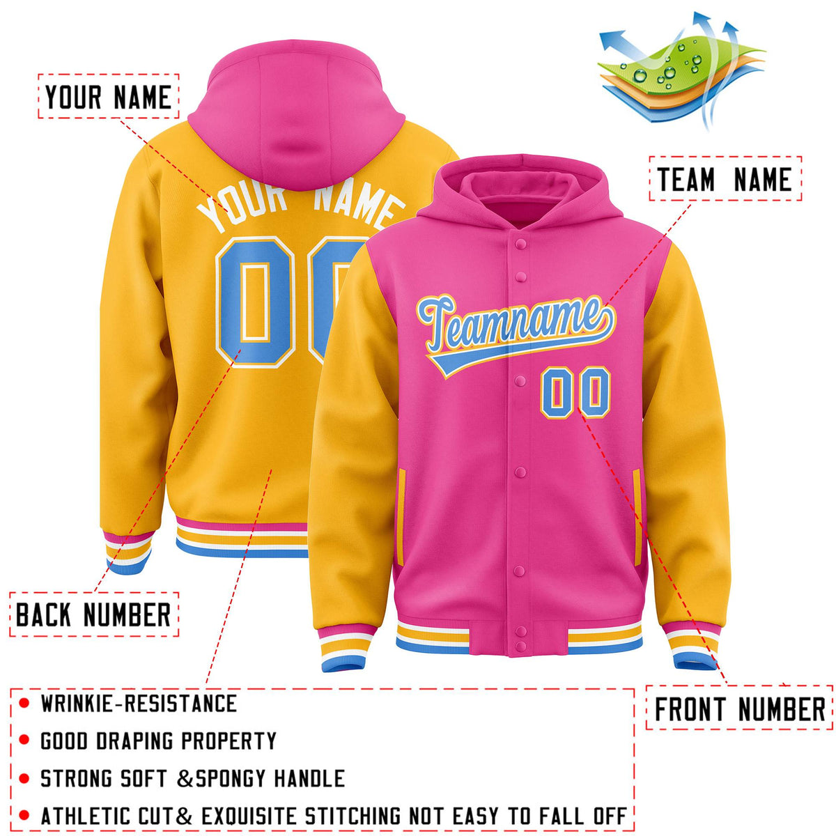 Custom Pink Gold Raglan Sleeves Varsity Full-Snap Letterman Two Tone Hoodie Jacket