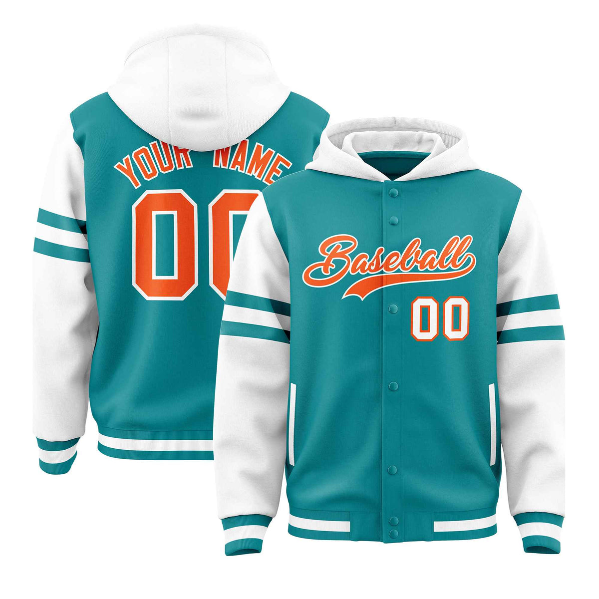 Custom Aqua White Raglan Sleeves Varsity Full-Snap Letterman Three Stripes Hoodie Jacket